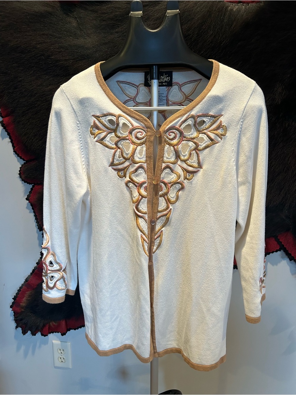 Bob Mackie Wearable Art Cardigan w/Cutouts and Sparkles in Embroidery Sz M